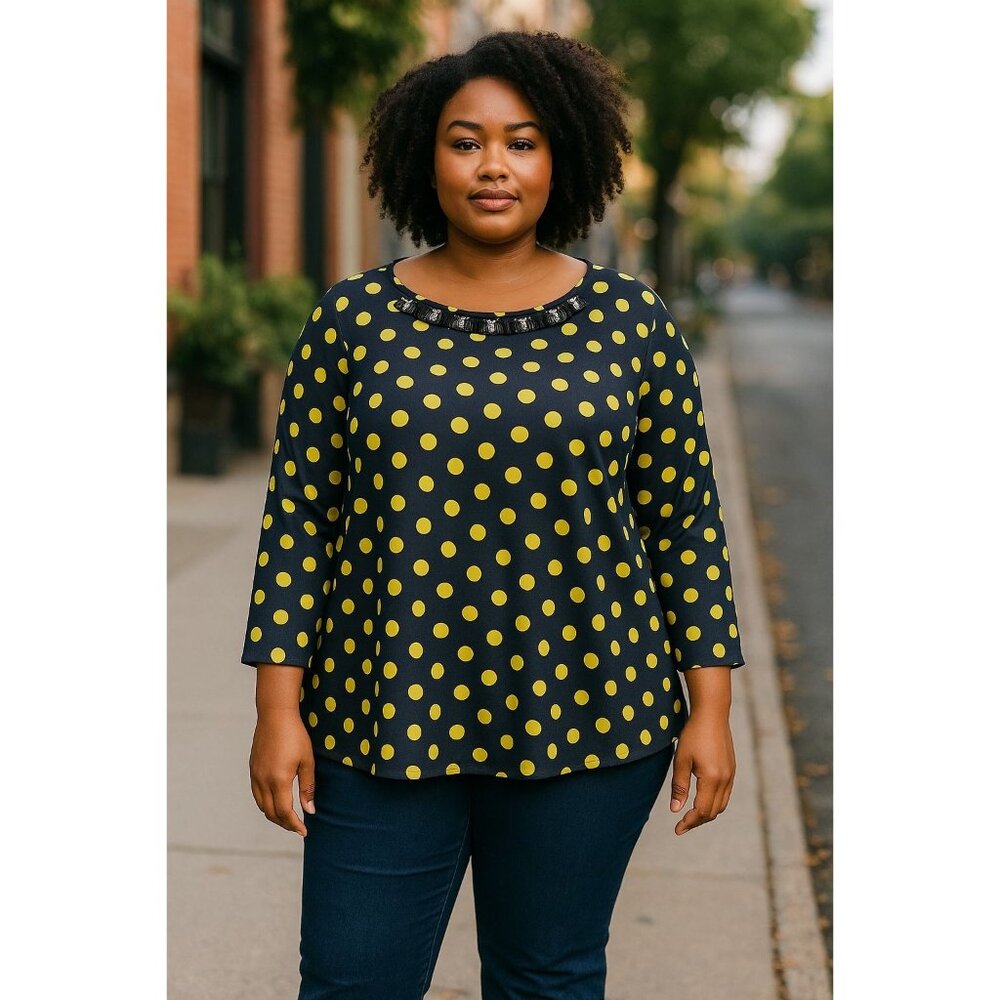 NEW Jaclyn Smith Womens Beaded Polka Dot Top L 3/4 Sleeve Navy/Yellow Stretch